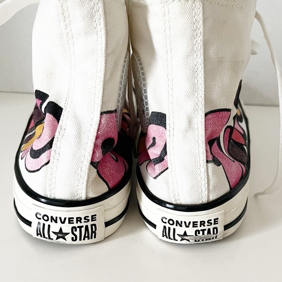 Women’s LE Converse Girls Unite in Red, Pink, Gold White High-Tops, Floral Tread - Picture 4 of 12